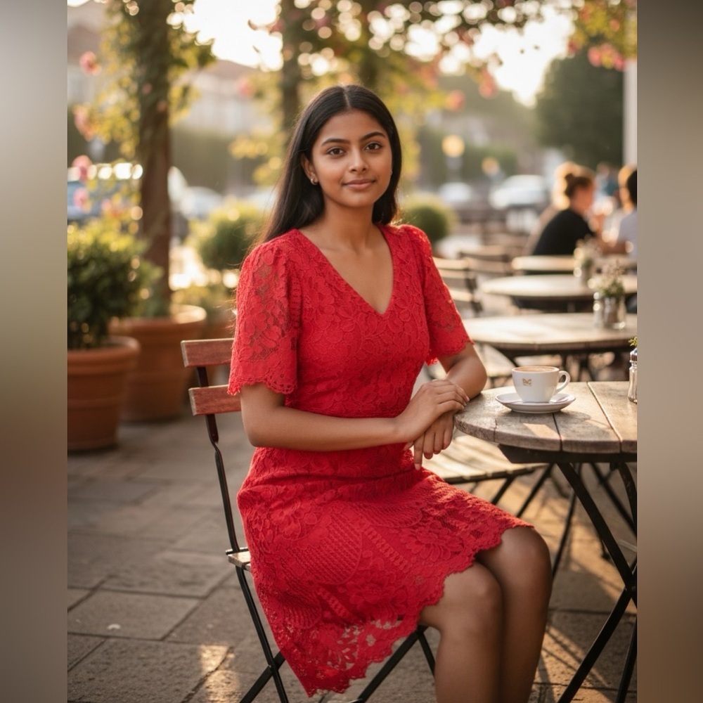 LULUS Women's Red Pearson Lace Short Sleeve Sheath Dress Medium Formal Cocktail